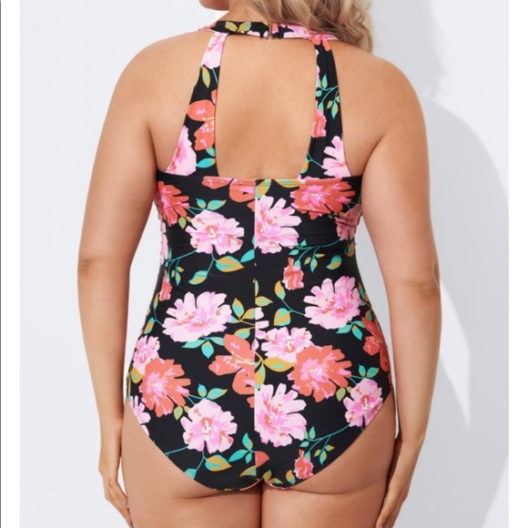 Flower Sarong Front One Piece Swimsuit, 2X - Picture 2 of 4